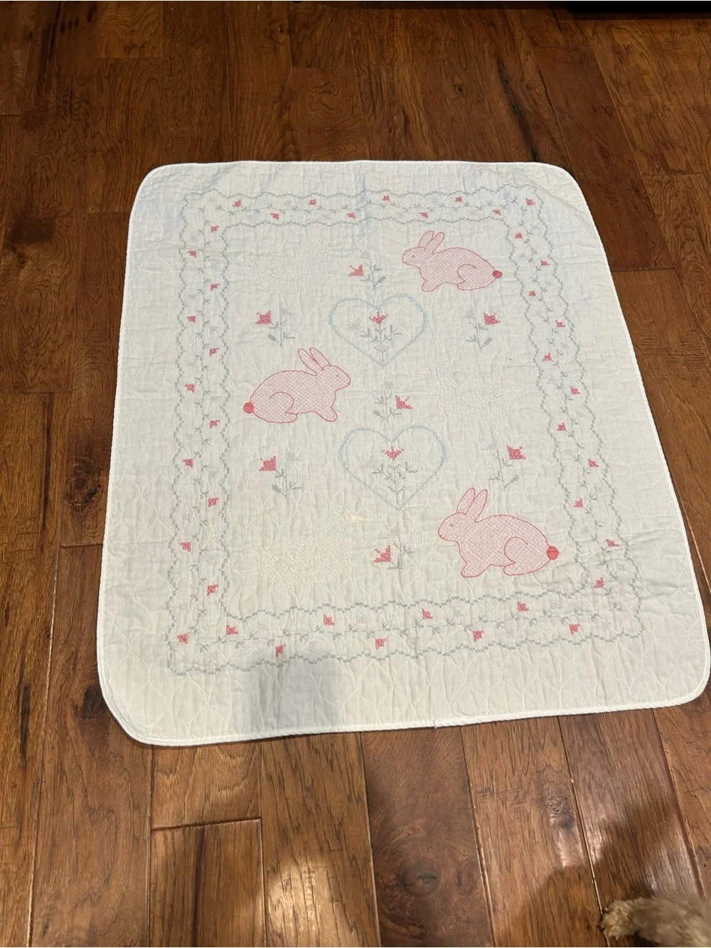 Vintage Hand Stitched Baby Quilt with Ducks and Bunnies Finished Piece 32 X38